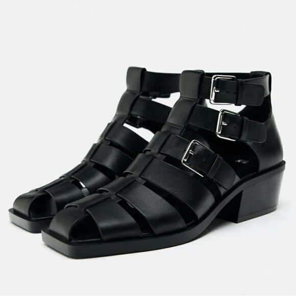 ZARA HEELED BUCKLED GENUINE LEATHER CAGE SANDALS - Picture 4 of 14